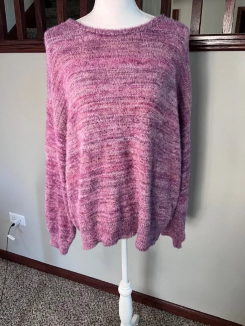 Knox Rose Purple Space Dye Oversized Fuzzy Knit Sweater Large Soft Pullover.